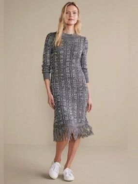 Soft Surroundings Gray Knit Fringe-Hem Midi Dress